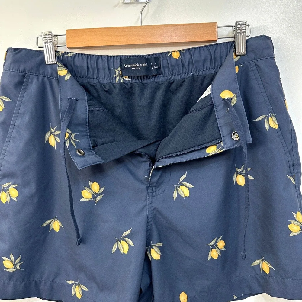 Abercrombie & Fitch Mens‎ Navy Lemon Print Swim Trunks Large Stretch Mesh Liner